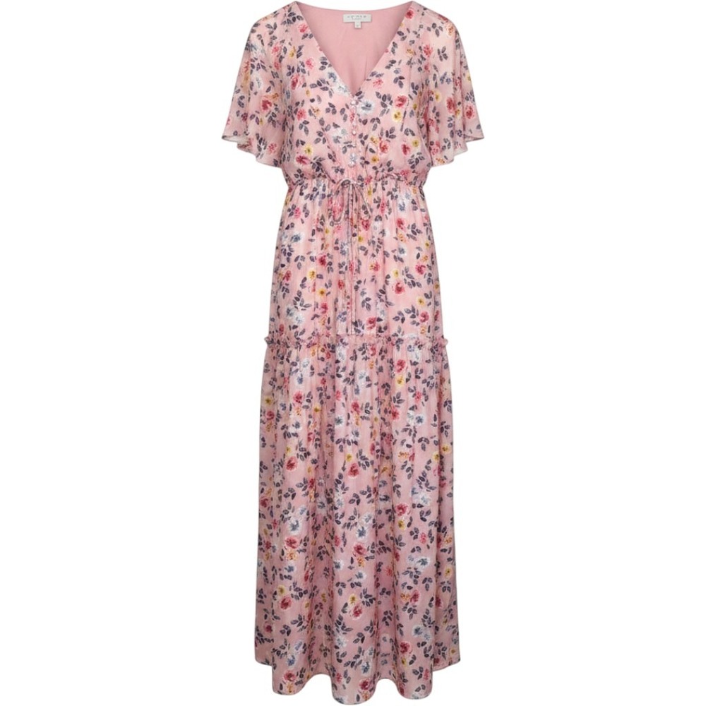 Hayden Los Angeles Pink Floral Flutter Sleeve Maxi Dress Size Large Slit Tiered